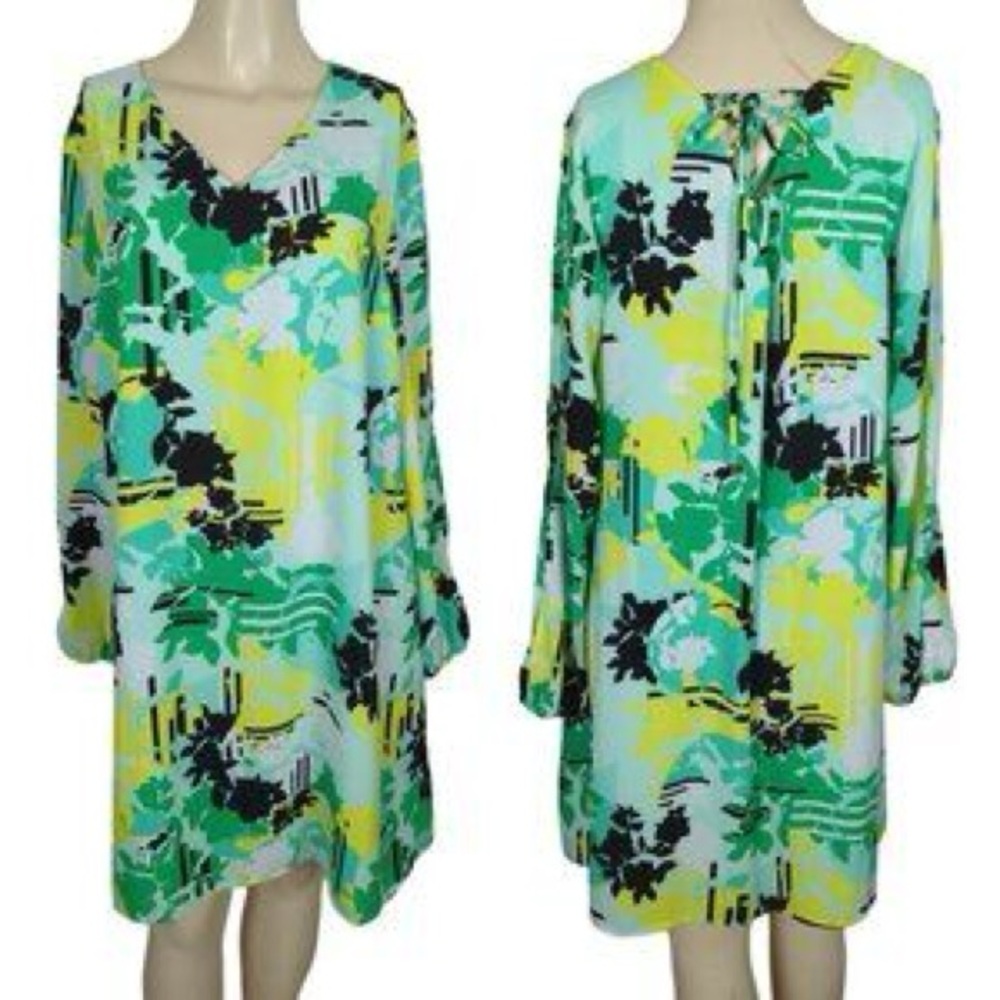 NWOT Kaari Blue Green Yellow Print Tie Back Slit Sleeve‎ Shift Dress Medium M